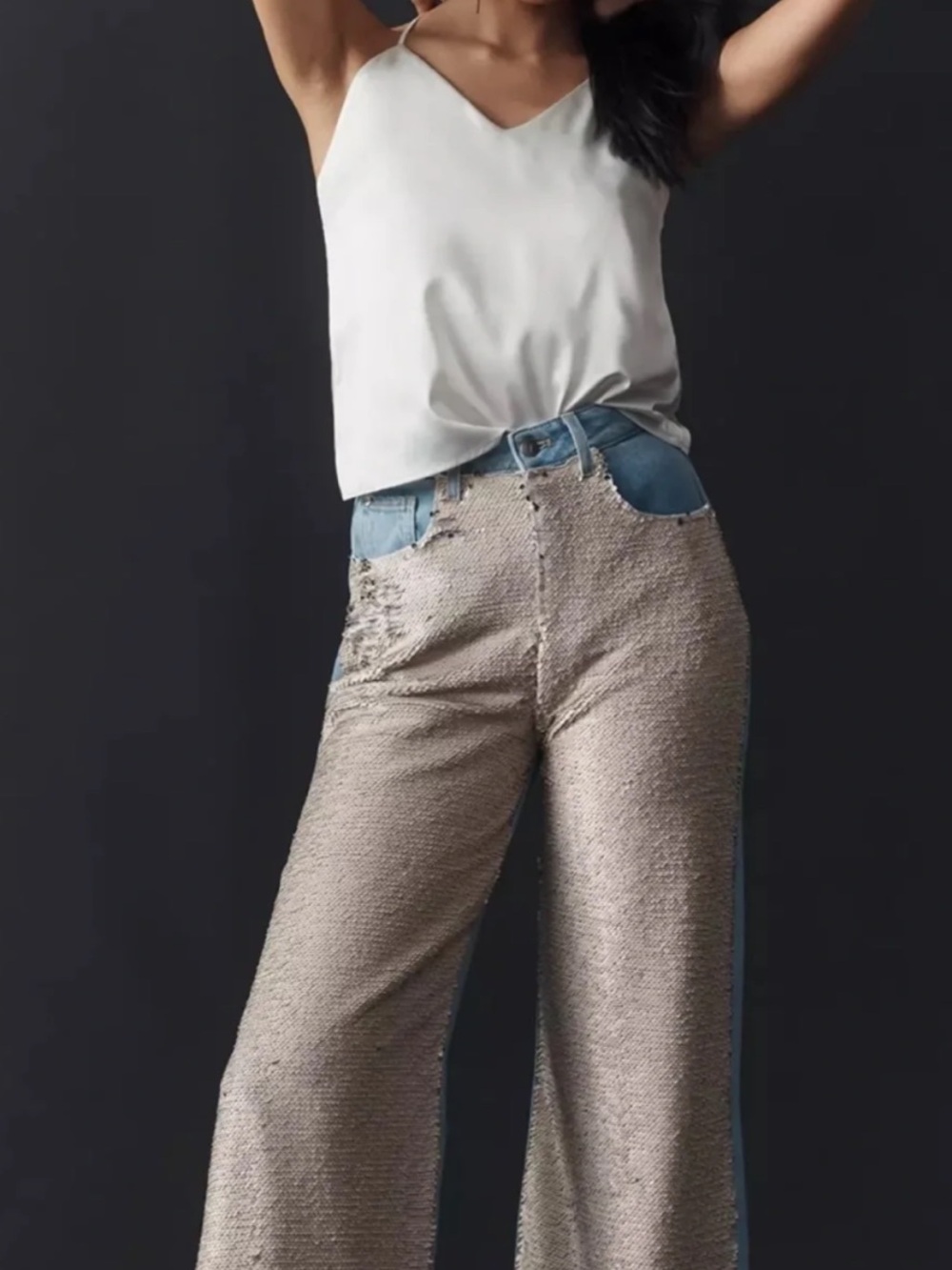 Pilcro Sequin High-Rise Wide-Leg Jeans in Silver and Light Blue 28